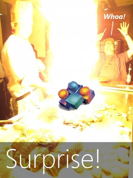 Surprise! Rick Clause being surprised from the flame-burst of a teppanyaki onion volcano