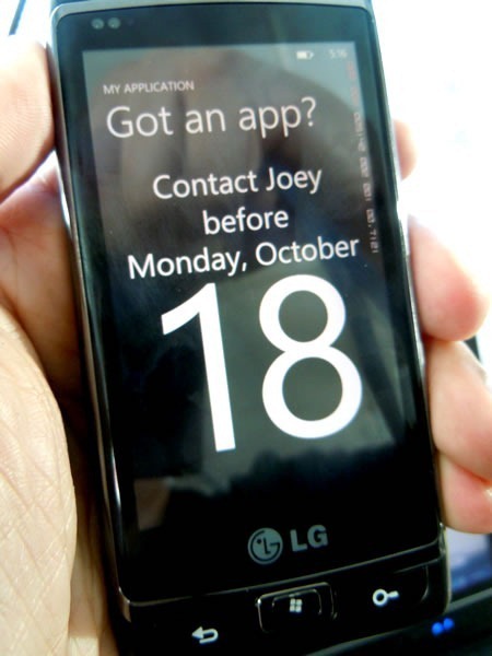 Windows Phone displaying the text "Got an app? Contact Joey before Monday, October 18"
