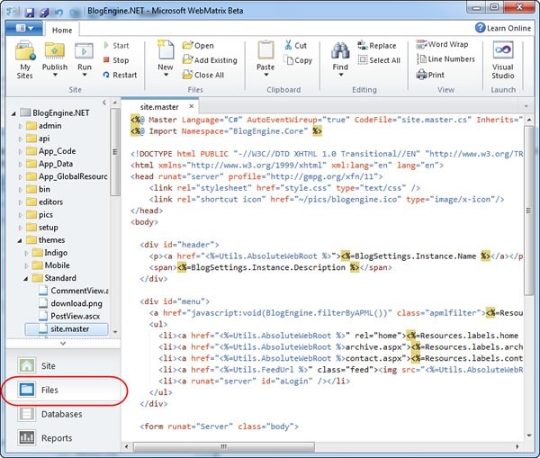 WebMatrix file editor, showing the site.master page in BlogEngine.NET being edited