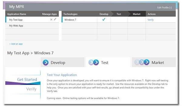 Screenshot: Platform Ready dashboard showing the checklist for a Windows 7 application