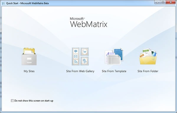 WebMatrix "Quick Start" screen, with four links: My Sites, Site from Web Gallery, Site from Template, Site from Folder