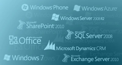 Microsoft product logos: Windows Phone, Windows Azure, Windows Server 2008 R2, SharePoint 2010, SQL Server 2008, Office, Dynamics CRM, Windows 7, Exchange Server 2010