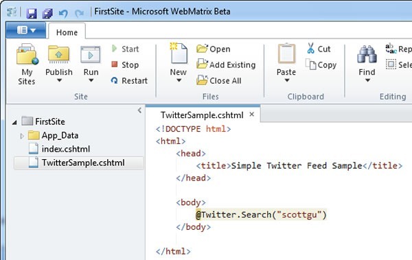 WebMatrix code editor showing a Twitter class' "Search" method being called