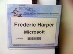 TechDays badge that reads "Frederic Harper / Microsoft"