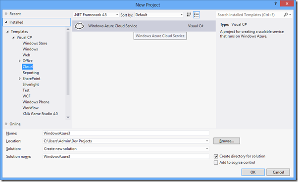 Adding a Windows Azure Cloud Service project