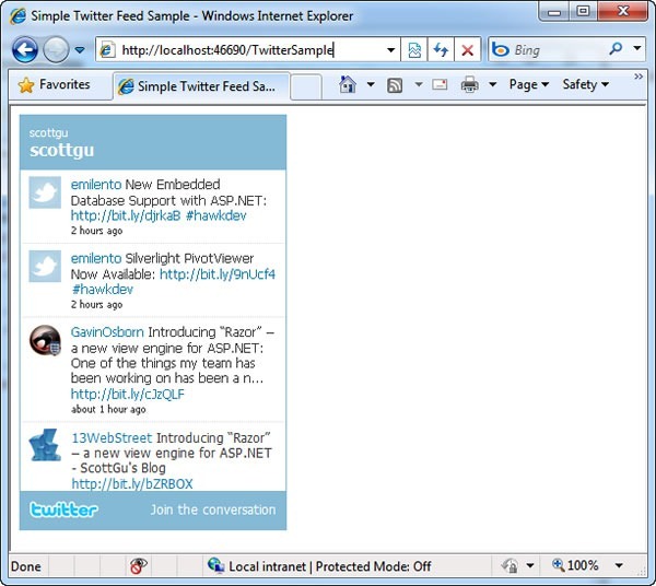 Screenshot of sample Twitter app in WebMatrix