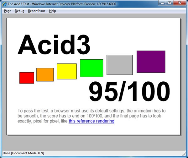 Screenshot: IE9 PP4's Acid3 test results: 95/100