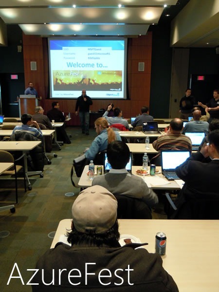 AzureFest attendees in Microsoft Canada's MPR room watch Cory Fowler and Barry Gervin at the front of the room.