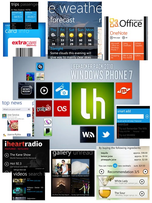 Lifehacker Pack 2010: Windows Phone 7 - collage of Lifehacker's picks for Windows Phone 7