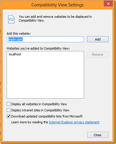 IE 10 Compatibility View Settings Dialog