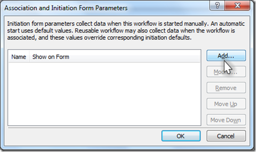 Association and Initiation Form Parameters dialog