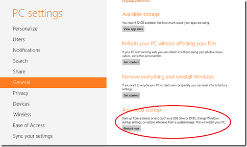 Advanced start up options in Windows 8