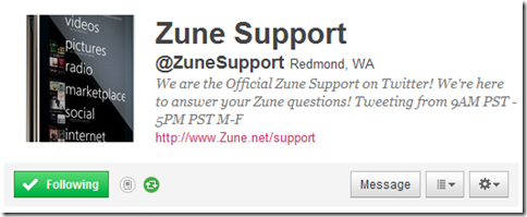 Official Zune Support on Twitter @ZuneSupport
