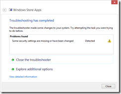 Windows Store Apps Troubleshooter results