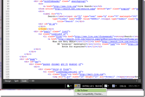 Code Error icon in the Expression Web 4 status bar