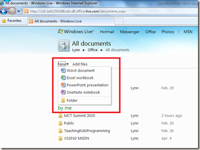 SkyDrive create new Office 2010 document menu