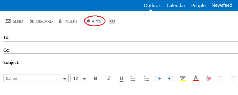 A screen shot of Outlook Web App showing the APPS button when composing a new message.