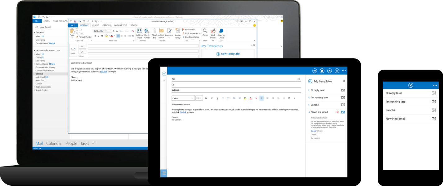 An image showing an example template app in Outlook, OWA on a table, and OWA on a mobile phone.
