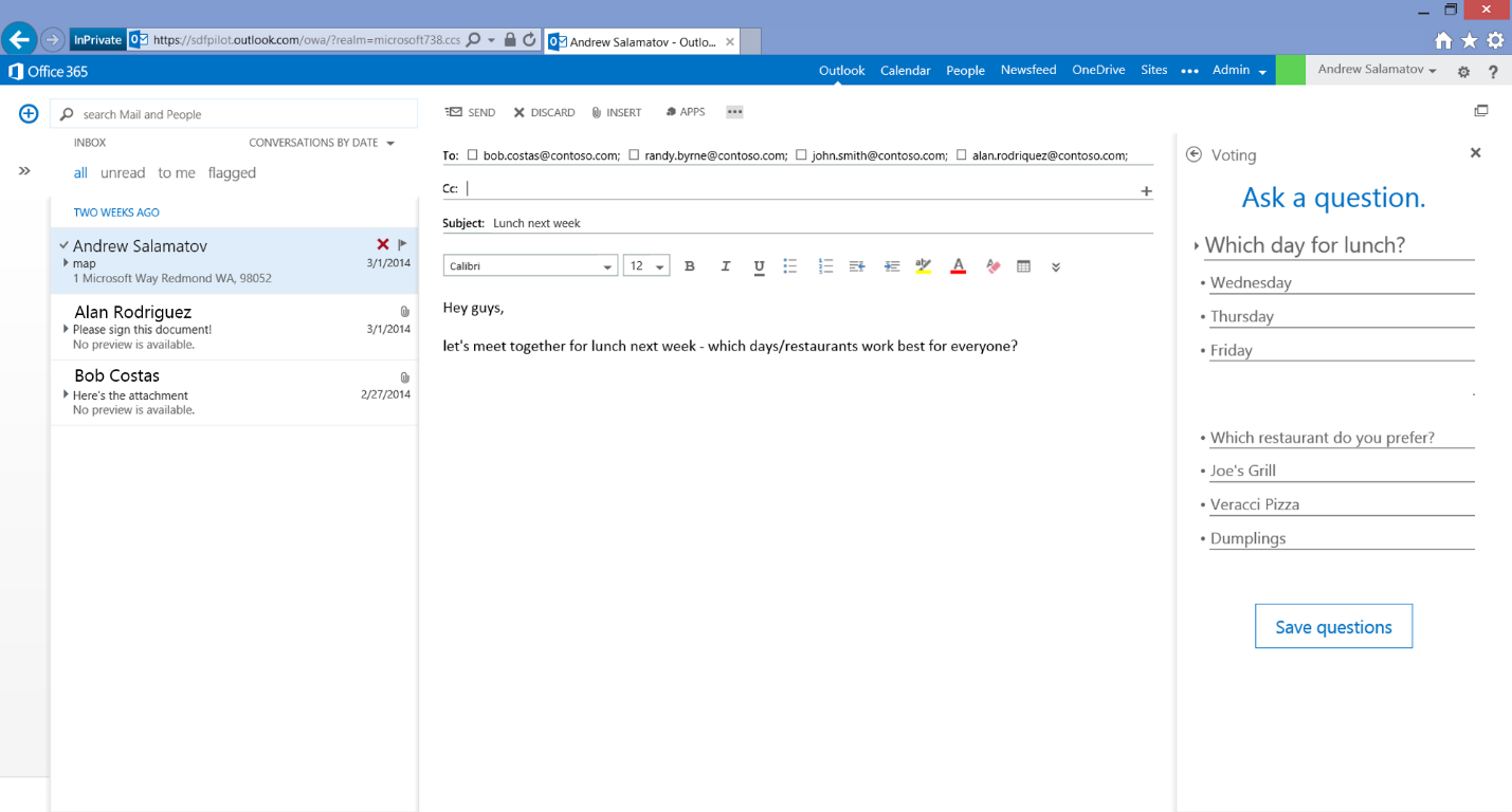 A screen shot of Outlook Web App showing an example of a survey mail app.