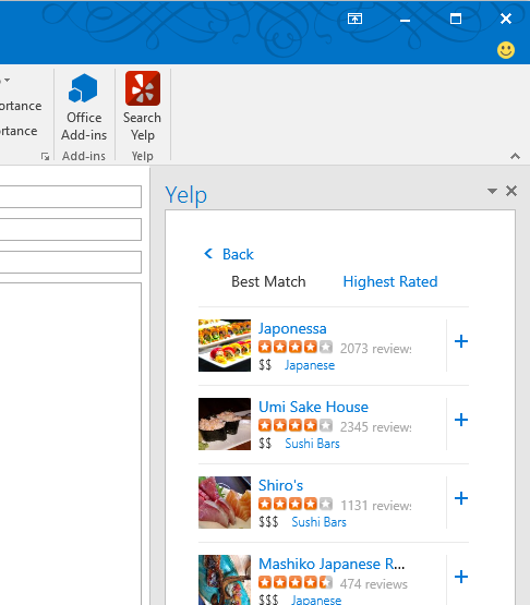 The Yelp add-in in Outlook, which is an example of a command that opens a task pane.