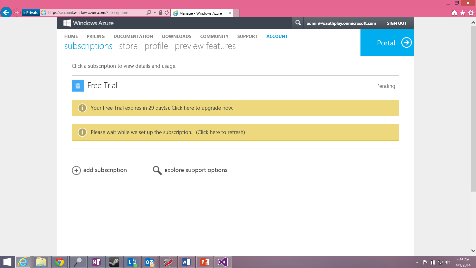 A screenshot of the Azure subscriptions page after signing up for a new subscription. The page indicates that there is a free trial that expires in 29 days.