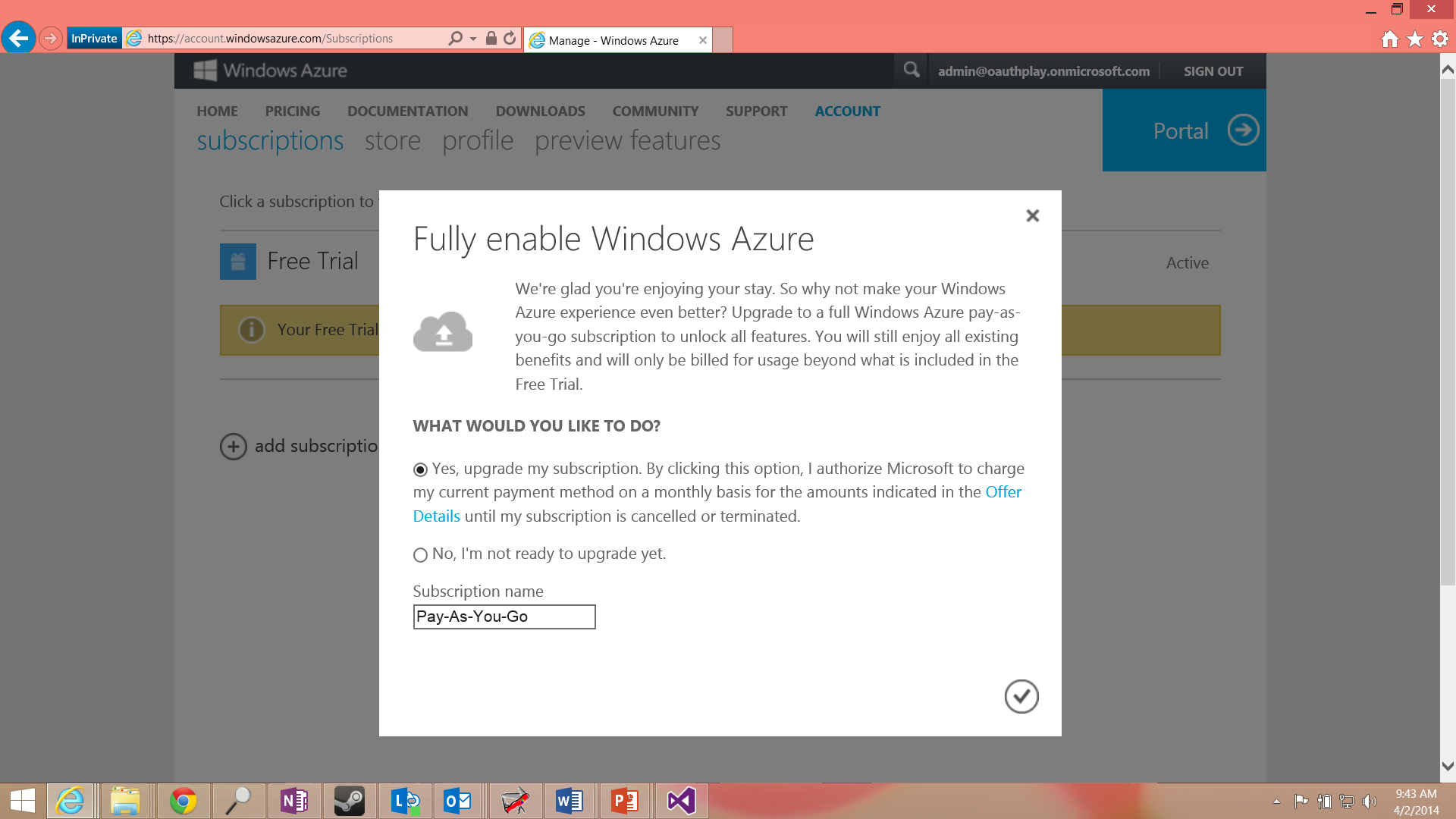 A screenshot of the Azure subscriptions page while upgrading the free trial to a pay-as-you-go subscription.