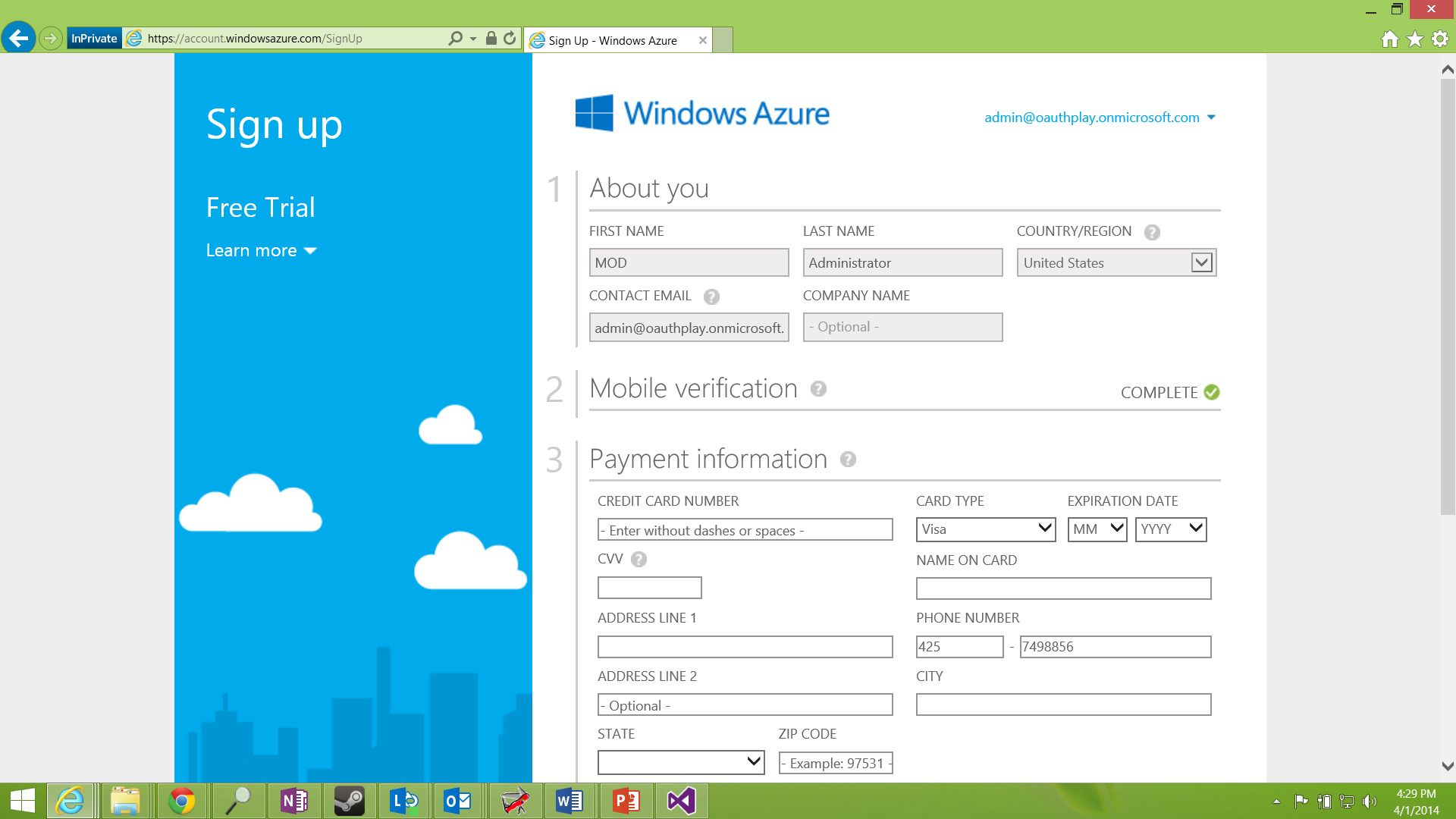 A screenshot of the "Payment information" section of the Azure sign-up page.
