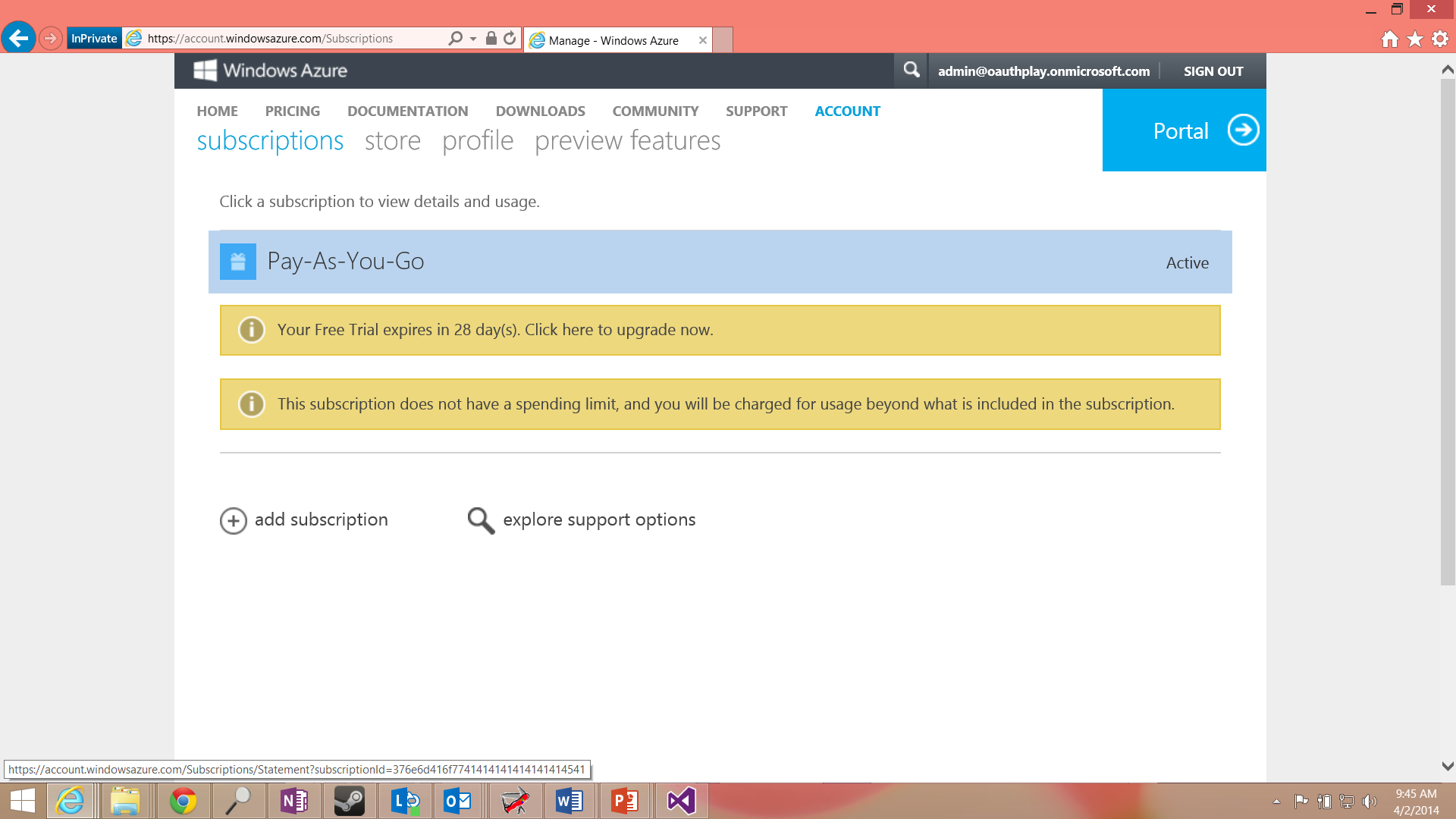A screenshot of the Azure subscriptions page after successfully upgrading to a pay-as-you-go subscription.