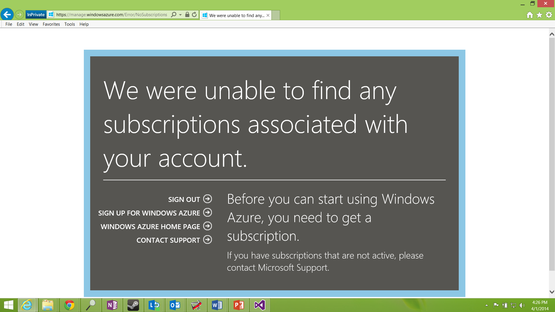 A screenshot of the error page that displays when there is no Azure subscription for the account. This page has a link to the Azure sign-up page.