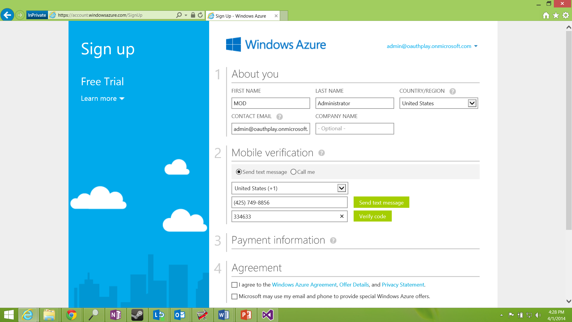 A screenshot of the "Mobile verification" section of the Azure sign-up page.
