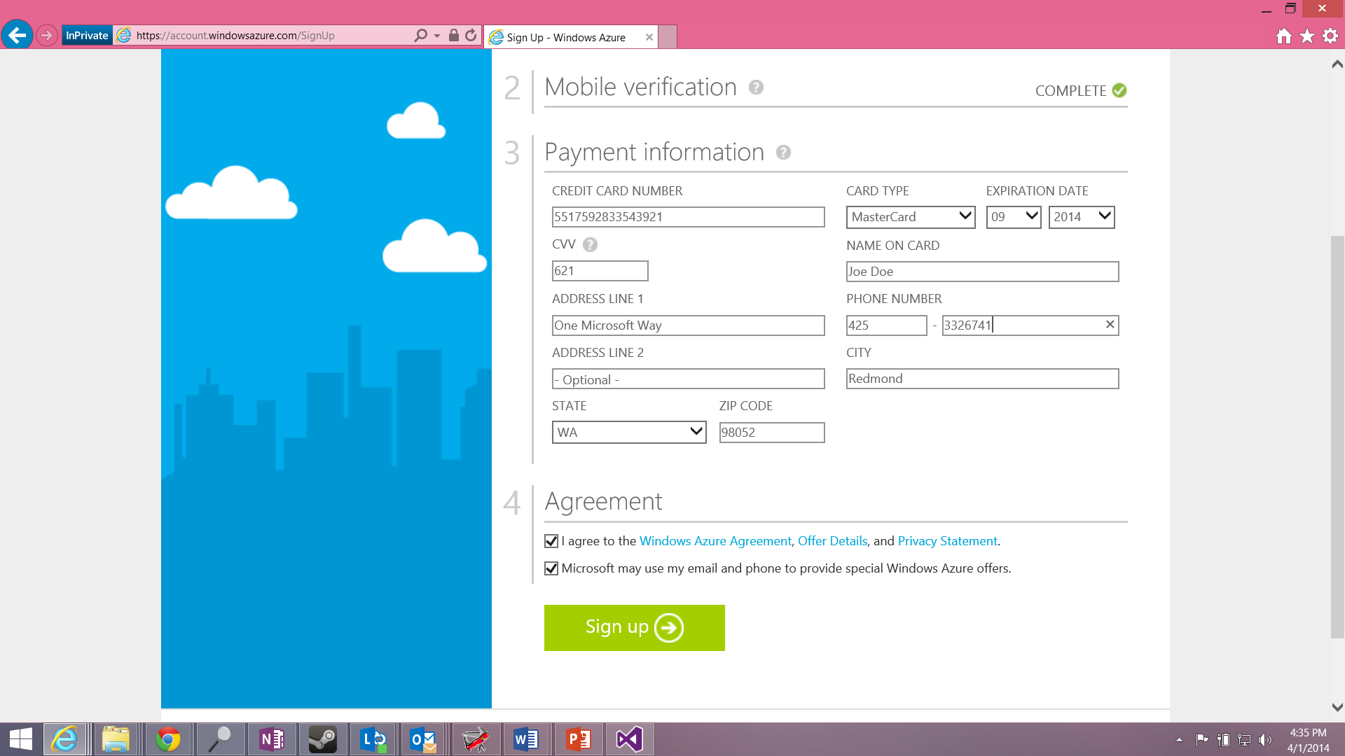A screenshot of a completed Azure sign-up page.