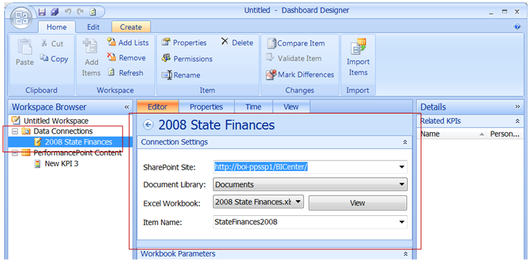 Setting the data source properties and choosing the workbook