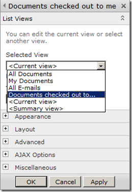 Blog - docs checked out to me - configure list view web part