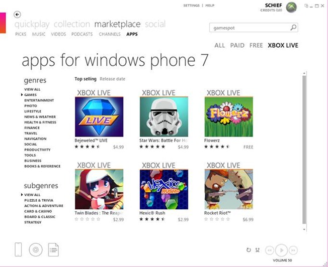 Windows Phone 7 Marketplace on Zune