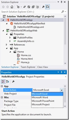 Start Action in Office App project properties