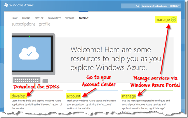 Windows Azure welcome page