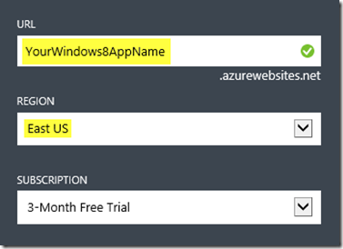 Specifying your Windows Azure Web Site name and location