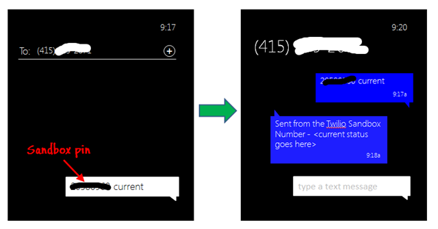 Mockup of Twilio SMS conversation on Windows Phone