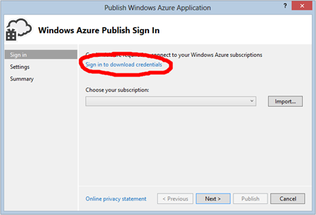 Downloading Windows Azure publication credentials