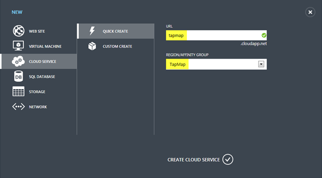 Create Cloud Service dialog