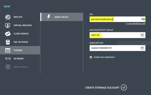 Creating a new storage account