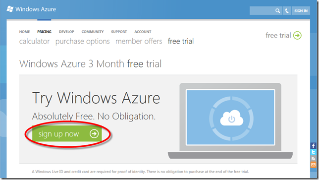 Windows Azure Trial landing page
