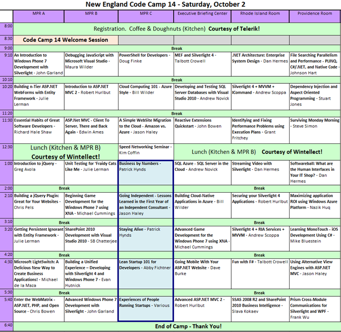 Code Camp 14 session schedule