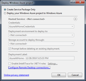 Deploy Windows Azure project dialog
