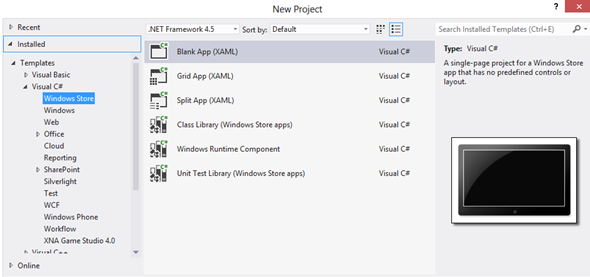 Visual Studio new Windows 8 project