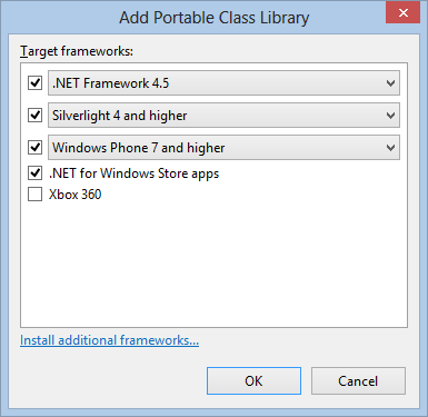 Portable Class Library dialog to choose target frameworks