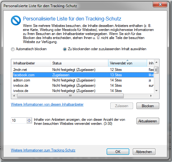 "Tracking-Schutz"-Liste in Internet Explorer 9 RC