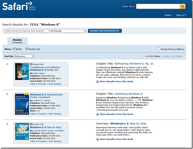 screen shot of Safari Books Online search result