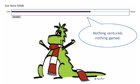 A screenshot of the Ask Herbi app, with a speech bubble manually added to the screenshot. The speech bubble contains the current slider value of "Nothing ventured, nothing gained".