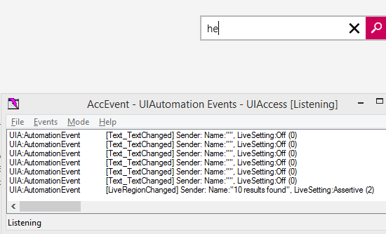 The AccEvent SDK tool showing the LiveRegionChanged event relating to the announcement of the count of search results.